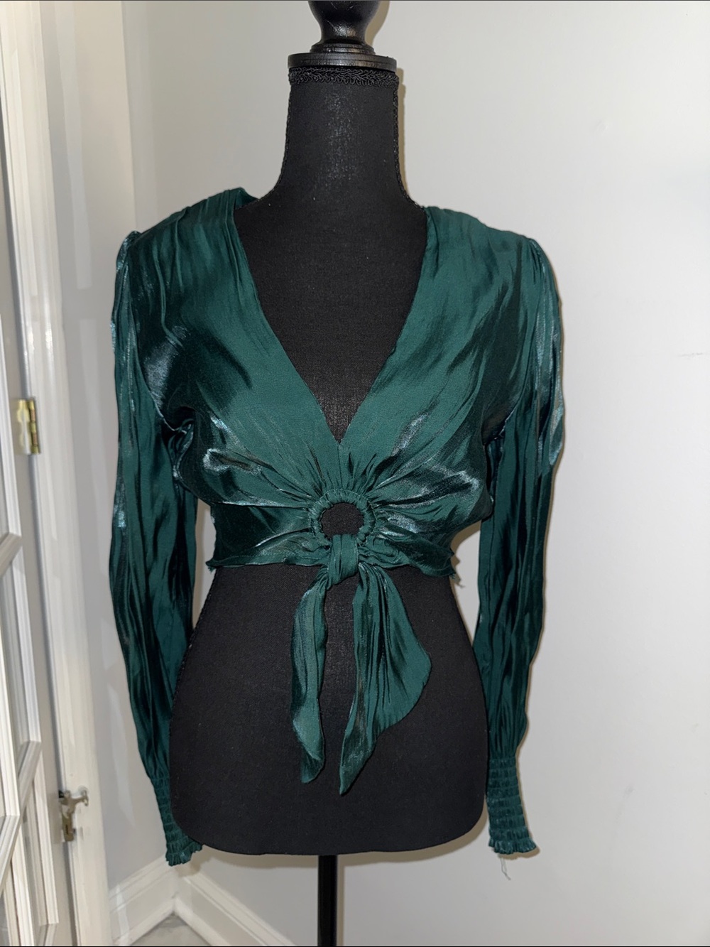 GB girls Emerald Green Satin Tie-Waist Long Sleeve Blouse
